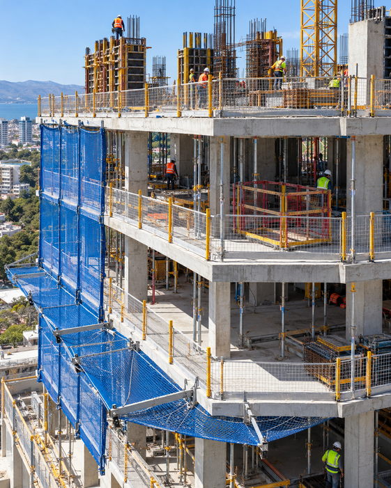 Construcción urbana con grúa y redes de seguridad