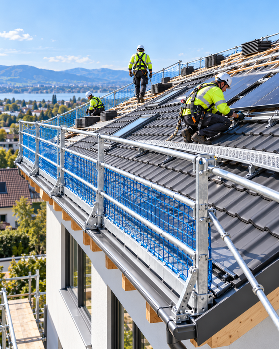 Instalación solar segura en tejado con vistas al lago