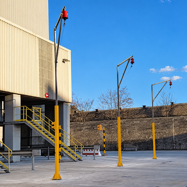 Patio industrial con postes amarillos y alarmas rojas