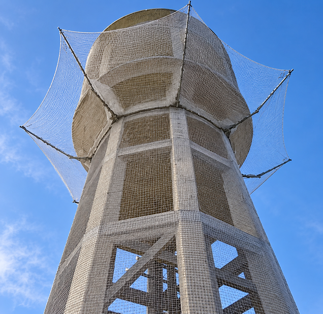 Torre industrial protegida con red de seguridad