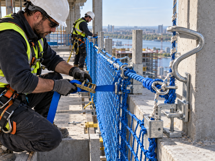 Trabajador instalando red de seguridad azul